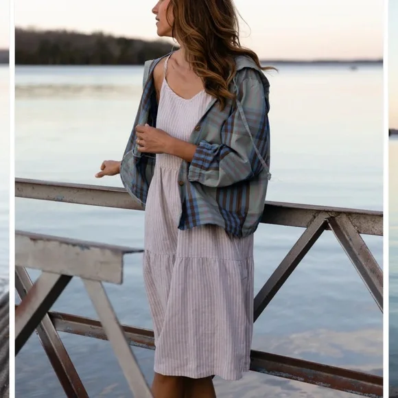 Lena Tiered Linen Dress in Beige and White Stripe Sz L handmade fair trade - Picture 4 of 7